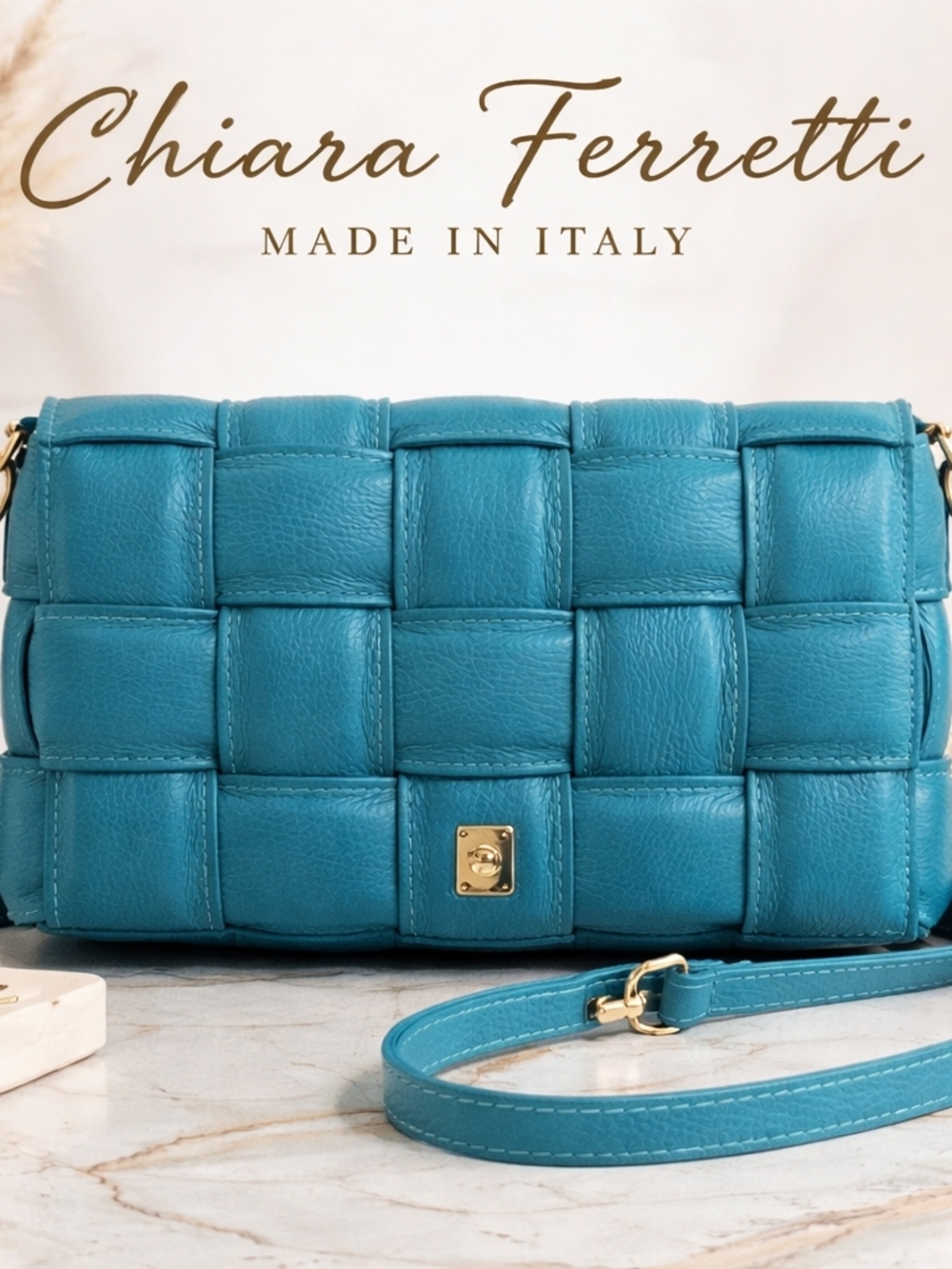 Chiara Ferretti Italian Woven Leather Crossbody Bag Turquoise Gold Hardware